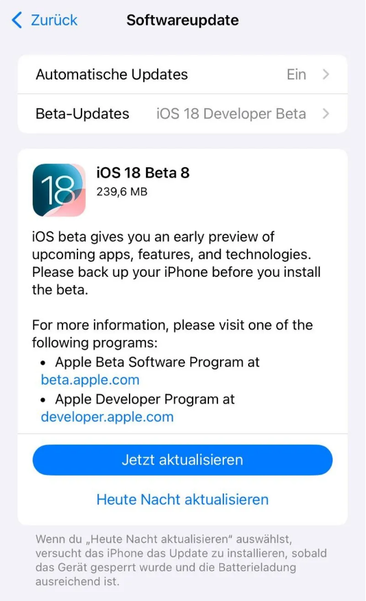 萝北苹果手机维修分享苹果 iOS / iPadOS 18 开发者预览版 Beta 8 发布 